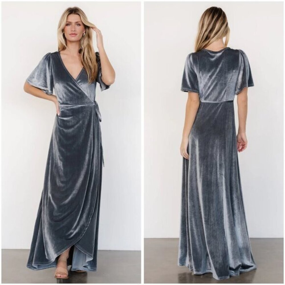 Baltic Born Katelyn Velvet Maxi Wrap Dress in Dusty Blue Size S NWOT